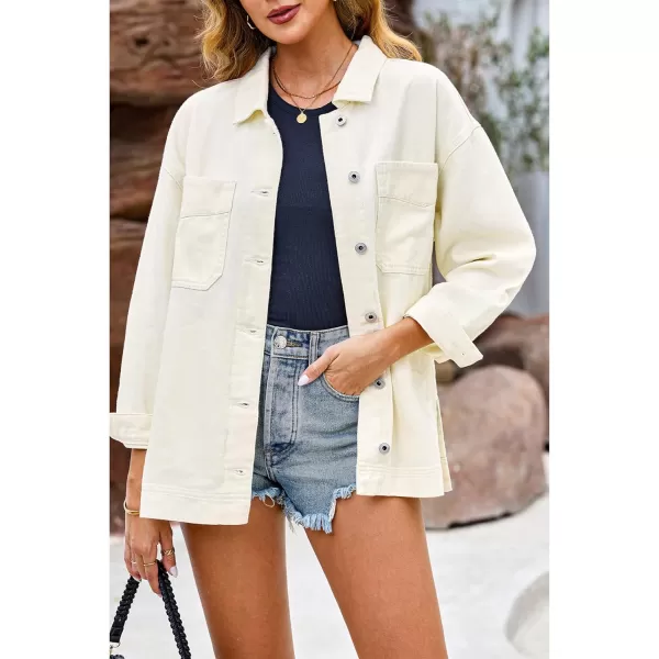 luvamia Denim Jacket for Women Trendy Oversized Button Down Jean Jacket Long Sleeve Slit Hem Shacket Jackets with PocketVanilla