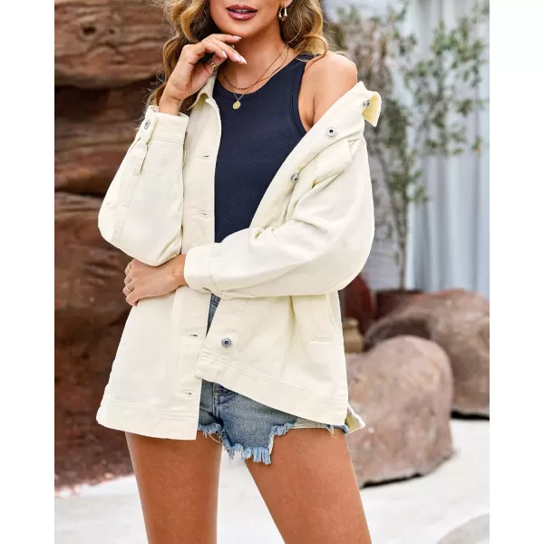 luvamia Denim Jacket for Women Trendy Oversized Button Down Jean Jacket Long Sleeve Slit Hem Shacket Jackets with PocketVanilla