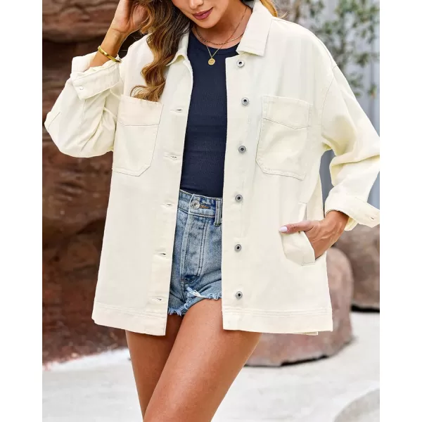 luvamia Denim Jacket for Women Trendy Oversized Button Down Jean Jacket Long Sleeve Slit Hem Shacket Jackets with PocketVanilla