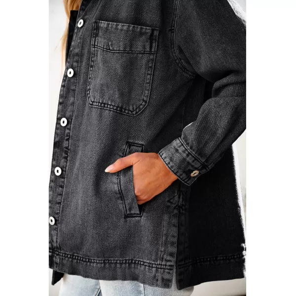 luvamia Denim Jacket for Women Trendy Oversized Button Down Jean Jacket Long Sleeve Slit Hem Shacket Jackets with PocketWashed Black