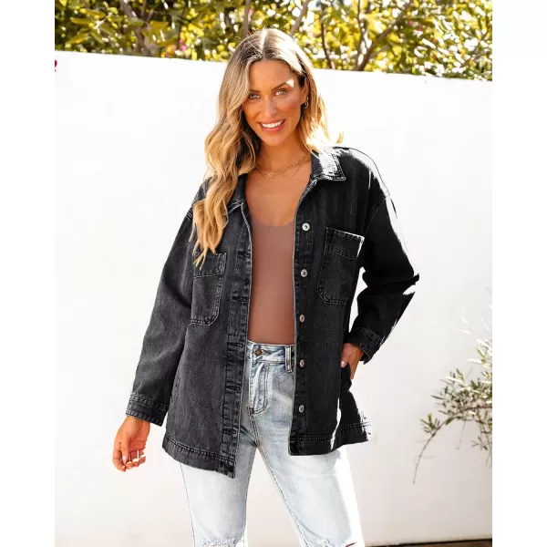 luvamia Denim Jacket for Women Trendy Oversized Button Down Jean Jacket Long Sleeve Slit Hem Shacket Jackets with PocketWashed Black