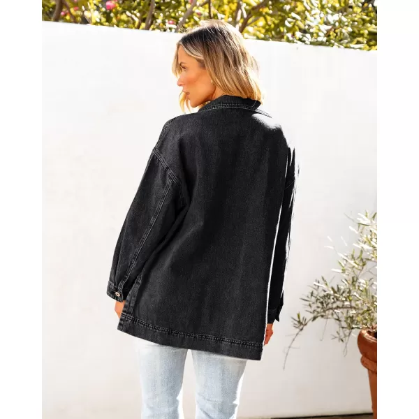 luvamia Denim Jacket for Women Trendy Oversized Button Down Jean Jacket Long Sleeve Slit Hem Shacket Jackets with PocketWashed Black
