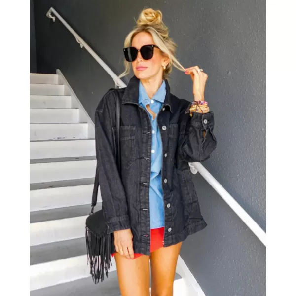 luvamia Denim Jacket for Women Trendy Oversized Button Down Jean Jacket Long Sleeve Slit Hem Shacket Jackets with PocketWashed Black