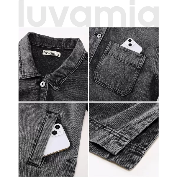 luvamia Denim Jacket for Women Trendy Oversized Button Down Jean Jacket Long Sleeve Slit Hem Shacket Jackets with PocketWashed Black