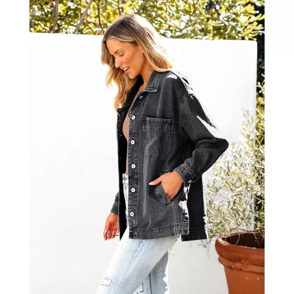 luvamia Denim Jacket for Women Trendy Oversized Button Down Jean Jacket Long Sleeve Slit Hem Shacket Jackets with PocketWashed Black