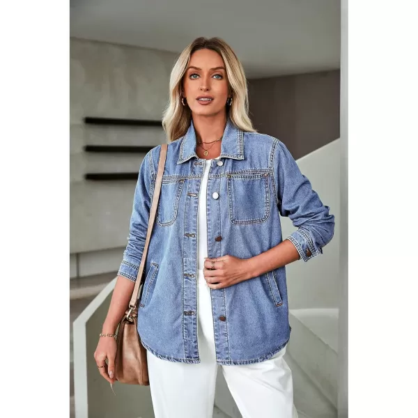 luvamia Denim Jackets for Women Trendy Long Sleeve Button Down Shirt Jacket Jean Shacket with Pocket Western Work JacketBay Blue