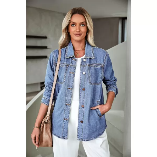 luvamia Denim Jackets for Women Trendy Long Sleeve Button Down Shirt Jacket Jean Shacket with Pocket Western Work JacketBay Blue