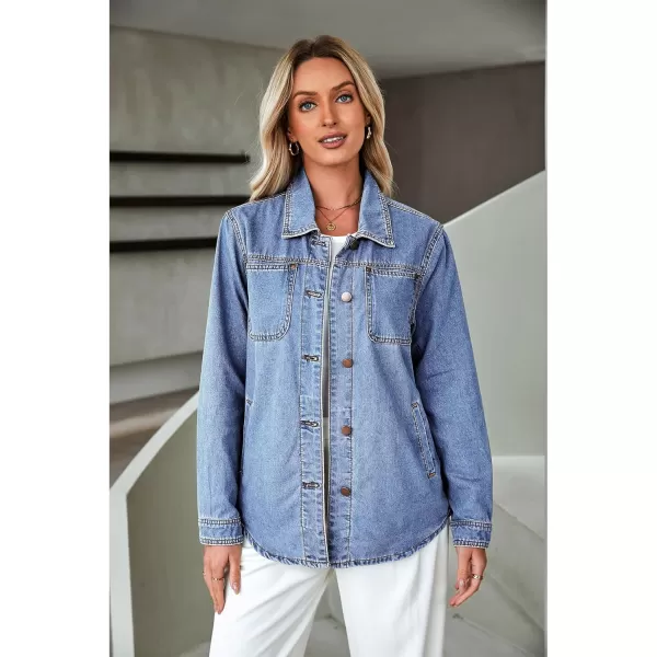 luvamia Denim Jackets for Women Trendy Long Sleeve Button Down Shirt Jacket Jean Shacket with Pocket Western Work JacketBay Blue