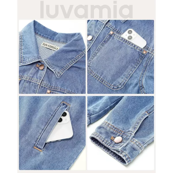 luvamia Denim Jackets for Women Trendy Long Sleeve Button Down Shirt Jacket Jean Shacket with Pocket Western Work JacketBay Blue