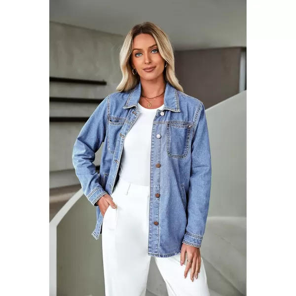 luvamia Denim Jackets for Women Trendy Long Sleeve Button Down Shirt Jacket Jean Shacket with Pocket Western Work JacketBay Blue