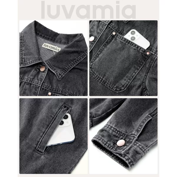 luvamia Denim Jackets for Women Trendy Long Sleeve Button Down Shirt Jacket Jean Shacket with Pocket Western Work JacketFaded Black