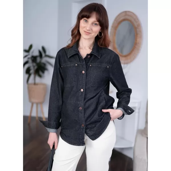 luvamia Denim Jackets for Women Trendy Long Sleeve Button Down Shirt Jacket Jean Shacket with Pocket Western Work JacketFaded Black