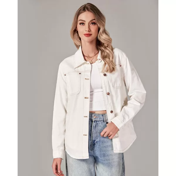 luvamia Denim Jackets for Women Trendy Long Sleeve Button Down Shirt Jacket Jean Shacket with Pocket Western Work JacketIvory White