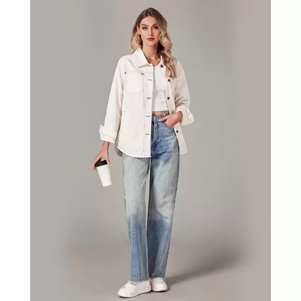 luvamia Denim Jackets for Women Trendy Long Sleeve Button Down Shirt Jacket Jean Shacket with Pocket Western Work JacketIvory White