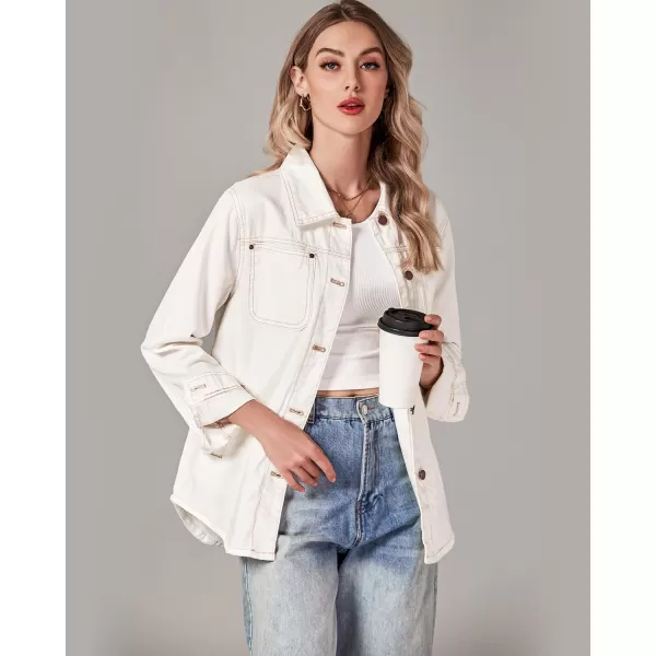 luvamia Denim Jackets for Women Trendy Long Sleeve Button Down Shirt Jacket Jean Shacket with Pocket Western Work JacketIvory White