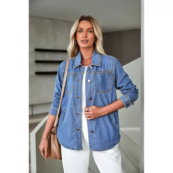 luvamia Denim Jackets for Women Trendy Long Sleeve Button Down Shirt Jacket Jean Shacket with Pocket Western Work JacketMedium Blue