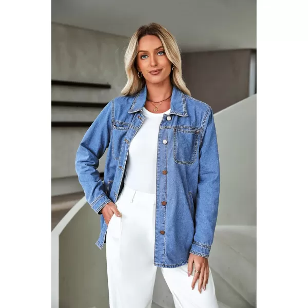 luvamia Denim Jackets for Women Trendy Long Sleeve Button Down Shirt Jacket Jean Shacket with Pocket Western Work JacketMedium Blue