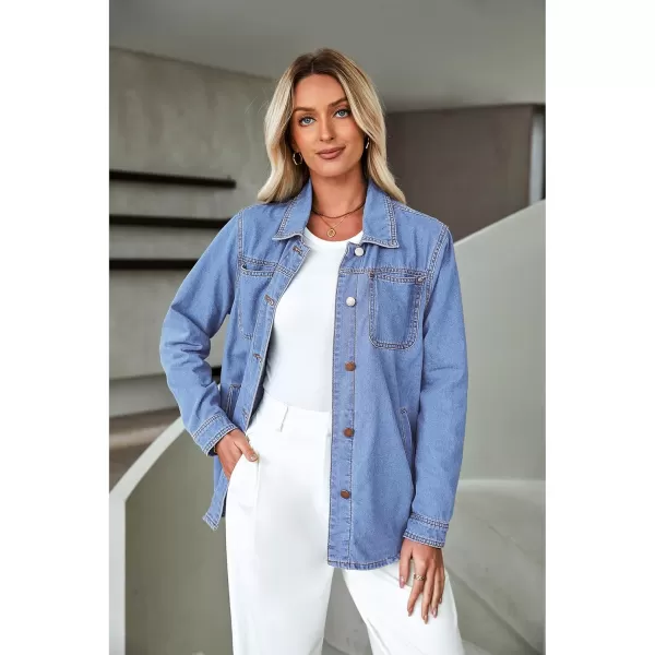 luvamia Denim Jackets for Women Trendy Long Sleeve Button Down Shirt Jacket Jean Shacket with Pocket Western Work JacketTurquoise Blue