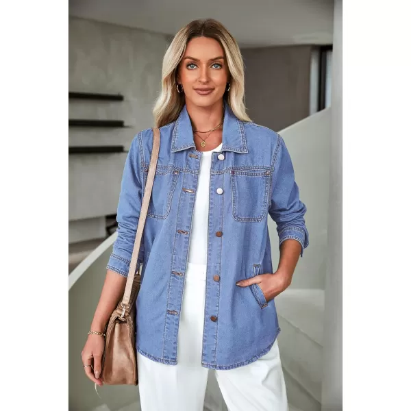 luvamia Denim Jackets for Women Trendy Long Sleeve Button Down Shirt Jacket Jean Shacket with Pocket Western Work JacketTurquoise Blue