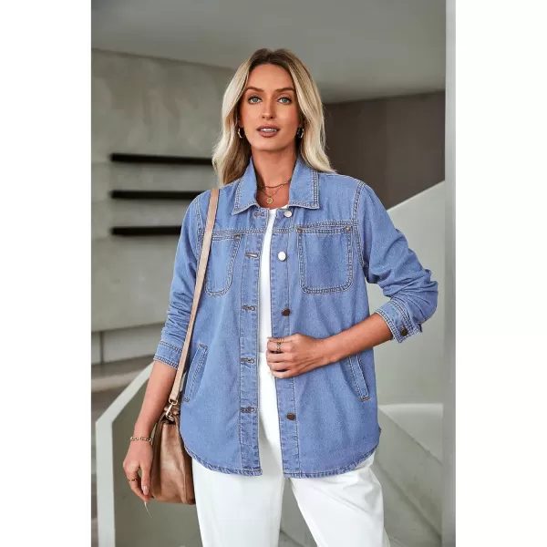 luvamia Denim Jackets for Women Trendy Long Sleeve Button Down Shirt Jacket Jean Shacket with Pocket Western Work JacketTurquoise Blue