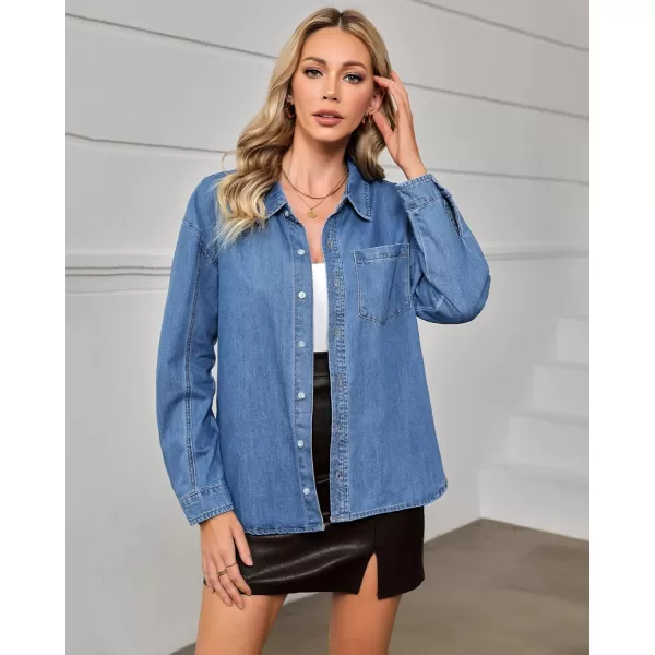 luvamia Denim Shirt Women Button Down Jean Collared Fall Long Sleeve Top Lightweight Shirts Pocket Western