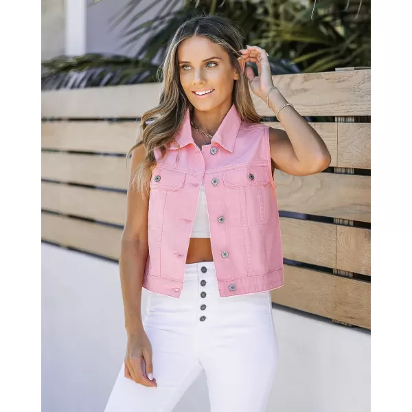 luvamia Denim Vest for Women Sleeveless Cropped Jean Jacket Vests Top Western Outfit Fashion Casual Vests with PocketsCandy Pink