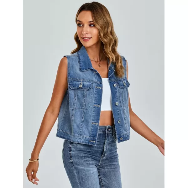 luvamia Denim Vest for Women Sleeveless Cropped Jean Jacket Vests Top Western Outfit Fashion Casual Vests with PocketsIndigo Medium Blue