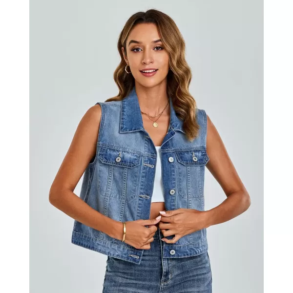 luvamia Denim Vest for Women Sleeveless Cropped Jean Jacket Vests Top Western Outfit Fashion Casual Vests with PocketsIndigo Medium Blue