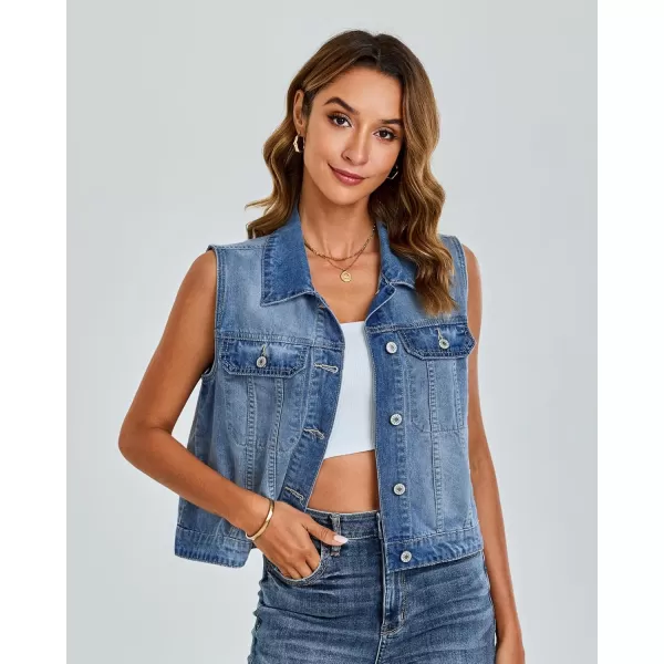 luvamia Denim Vest for Women Sleeveless Cropped Jean Jacket Vests Top Western Outfit Fashion Casual Vests with PocketsIndigo Medium Blue