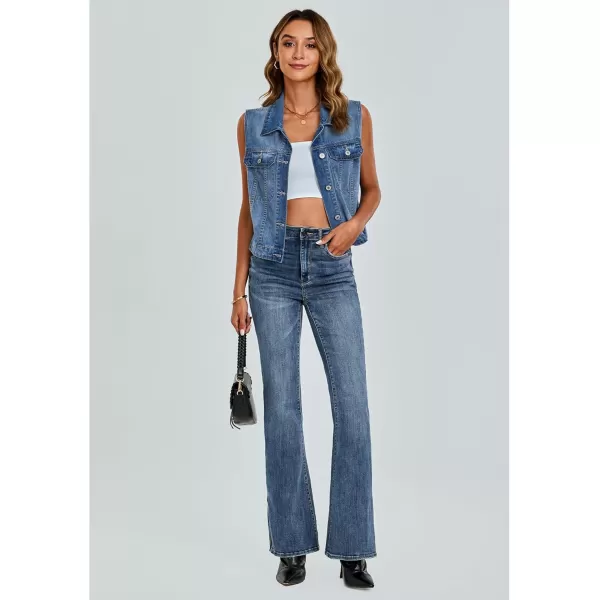 luvamia Denim Vest for Women Sleeveless Cropped Jean Jacket Vests Top Western Outfit Fashion Casual Vests with PocketsIndigo Medium Blue