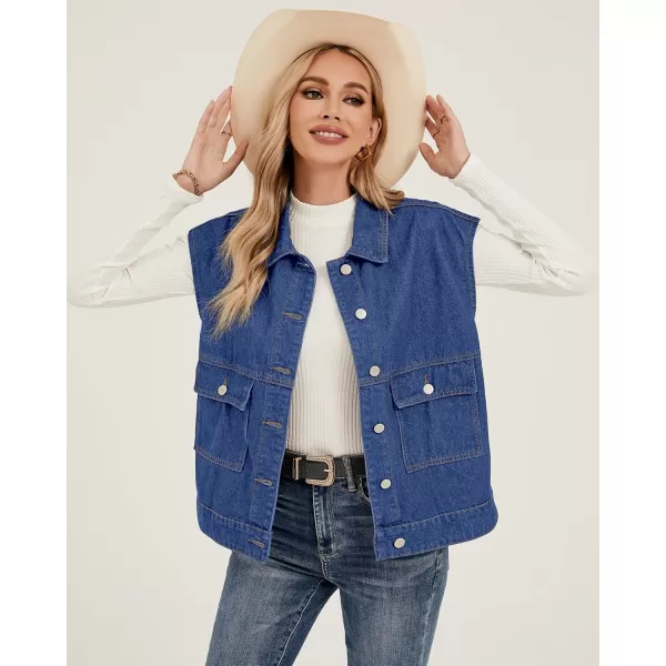 luvamia Denim for Women Oversized Button Down Sleeveless Jean Jacket Fashion Casual Western Outerwear with PocketsClassic Blue