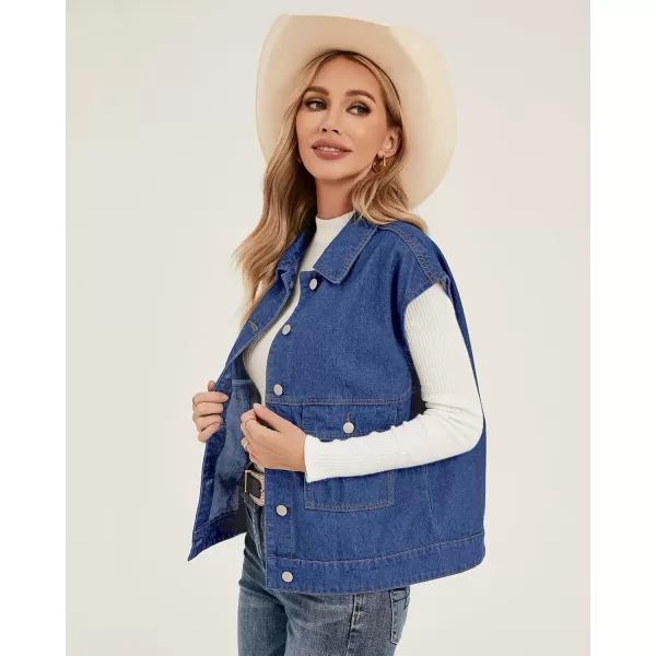 luvamia Denim for Women Oversized Button Down Sleeveless Jean Jacket Fashion Casual Western Outerwear with PocketsClassic Blue