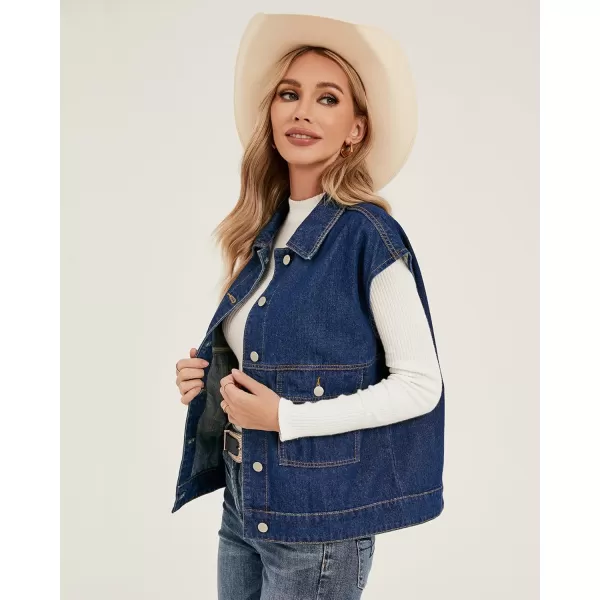 luvamia Denim for Women Oversized Button Down Sleeveless Jean Jacket Fashion Casual Western Outerwear with PocketsDarkness Blue