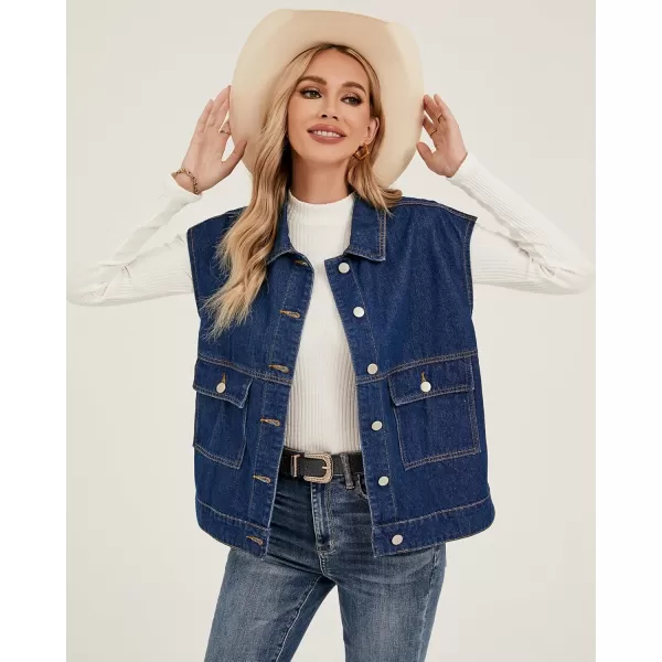 luvamia Denim for Women Oversized Button Down Sleeveless Jean Jacket Fashion Casual Western Outerwear with PocketsDarkness Blue