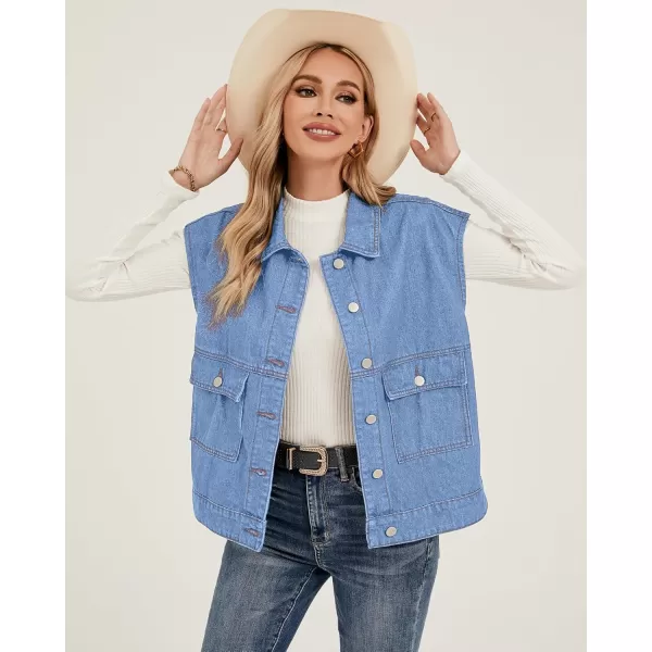 luvamia Denim for Women Oversized Button Down Sleeveless Jean Jacket Fashion Casual Western Outerwear with PocketsMedium Blue