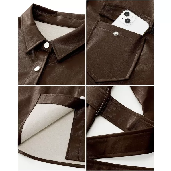 luvamia Faux Leather Jackets for Women Long Sleeve Oversized Shackets with Pocket Belted Pleather Jacket Moto Biker CoatChocolate Brown