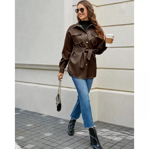 luvamia Faux Leather Jackets for Women Long Sleeve Oversized Shackets with Pocket Belted Pleather Jacket Moto Biker CoatChocolate Brown