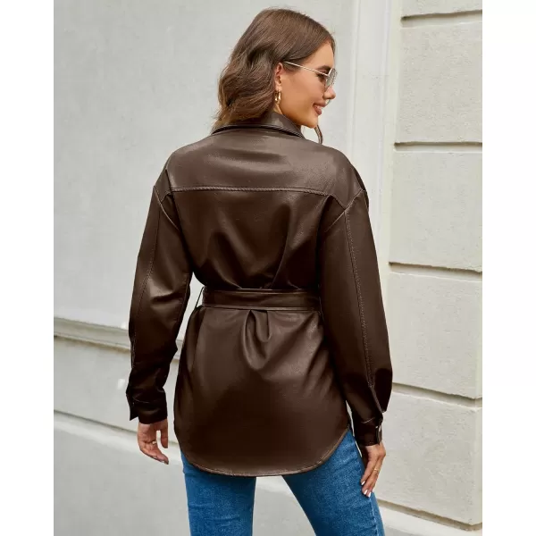 luvamia Faux Leather Jackets for Women Long Sleeve Oversized Shackets with Pocket Belted Pleather Jacket Moto Biker CoatChocolate Brown