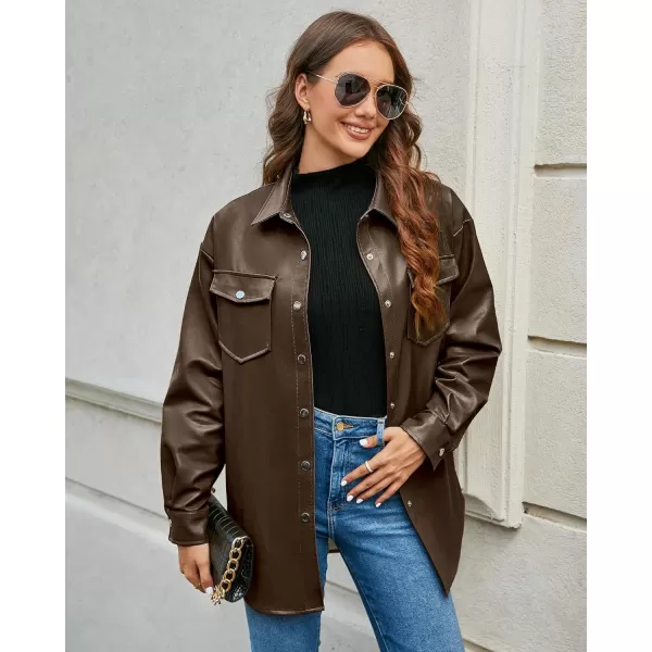 luvamia Faux Leather Jackets for Women Long Sleeve Oversized Shackets with Pocket Belted Pleather Jacket Moto Biker CoatChocolate Brown