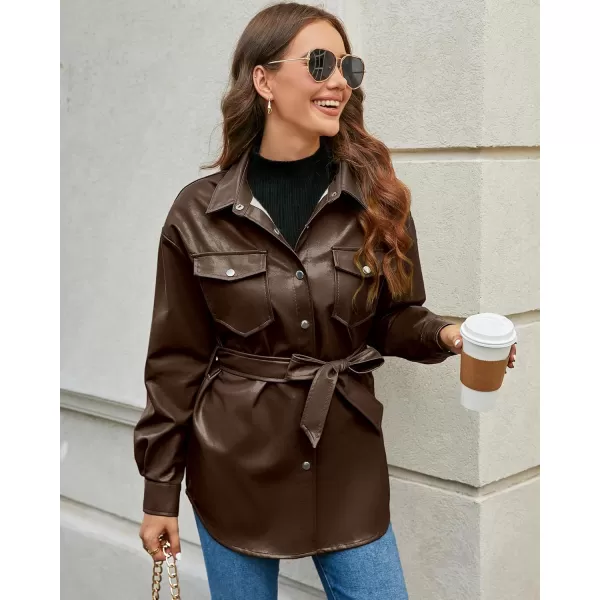 luvamia Faux Leather Jackets for Women Long Sleeve Oversized Shackets with Pocket Belted Pleather Jacket Moto Biker CoatChocolate Brown