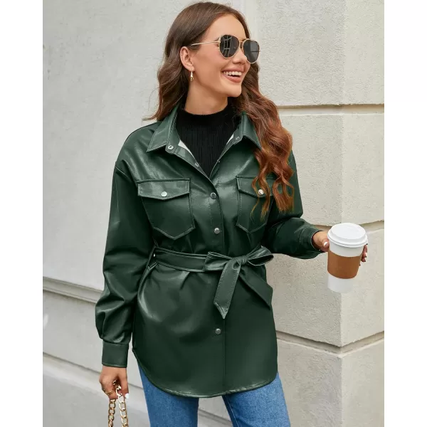 luvamia Faux Leather Jackets for Women Long Sleeve Oversized Shackets with Pocket Belted Pleather Jacket Moto Biker CoatDark Green