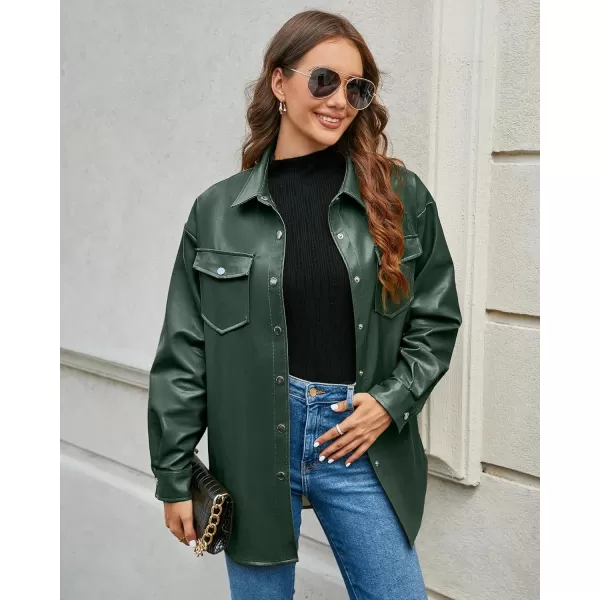 luvamia Faux Leather Jackets for Women Long Sleeve Oversized Shackets with Pocket Belted Pleather Jacket Moto Biker CoatDark Green