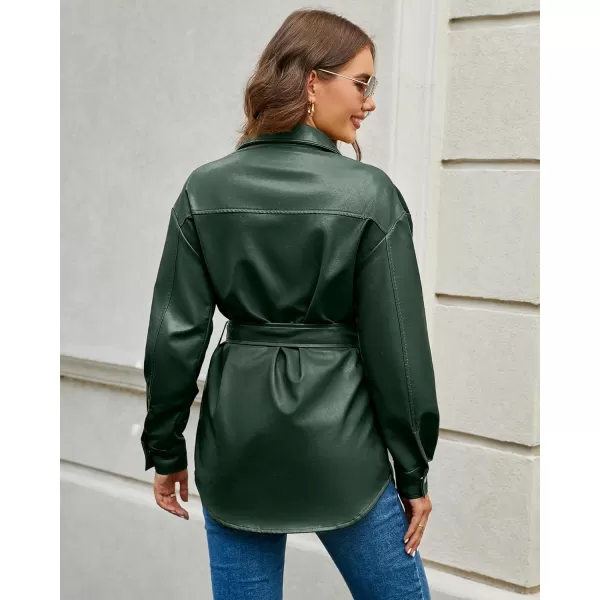 luvamia Faux Leather Jackets for Women Long Sleeve Oversized Shackets with Pocket Belted Pleather Jacket Moto Biker CoatDark Green