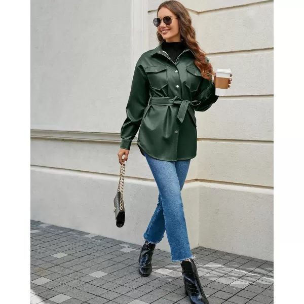 luvamia Faux Leather Jackets for Women Long Sleeve Oversized Shackets with Pocket Belted Pleather Jacket Moto Biker CoatDark Green