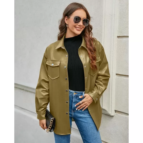 luvamia Faux Leather Jackets for Women Long Sleeve Oversized Shackets with Pocket Belted Pleather Jacket Moto Biker CoatKhaki