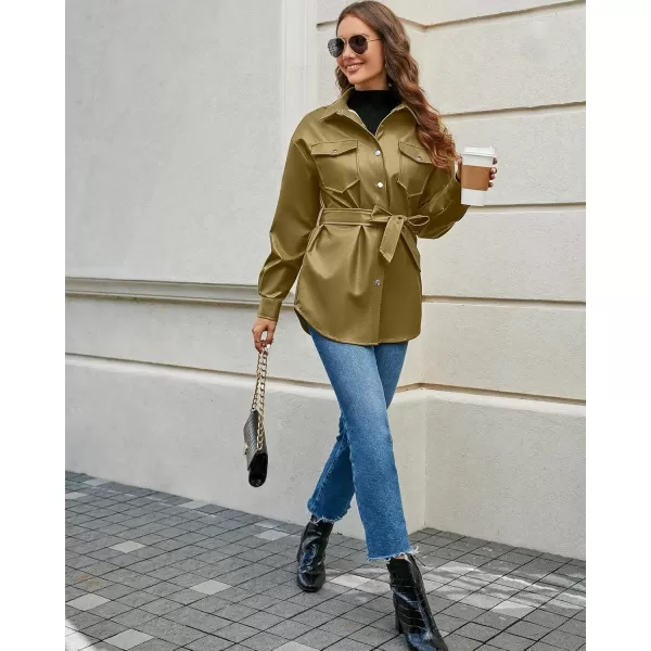 luvamia Faux Leather Jackets for Women Long Sleeve Oversized Shackets with Pocket Belted Pleather Jacket Moto Biker CoatKhaki