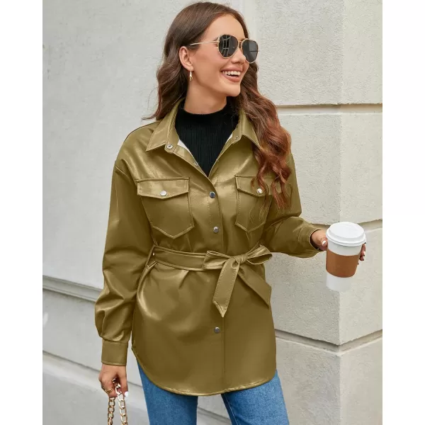 luvamia Faux Leather Jackets for Women Long Sleeve Oversized Shackets with Pocket Belted Pleather Jacket Moto Biker CoatKhaki