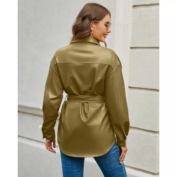 luvamia Faux Leather Jackets for Women Long Sleeve Oversized Shackets with Pocket Belted Pleather Jacket Moto Biker CoatKhaki