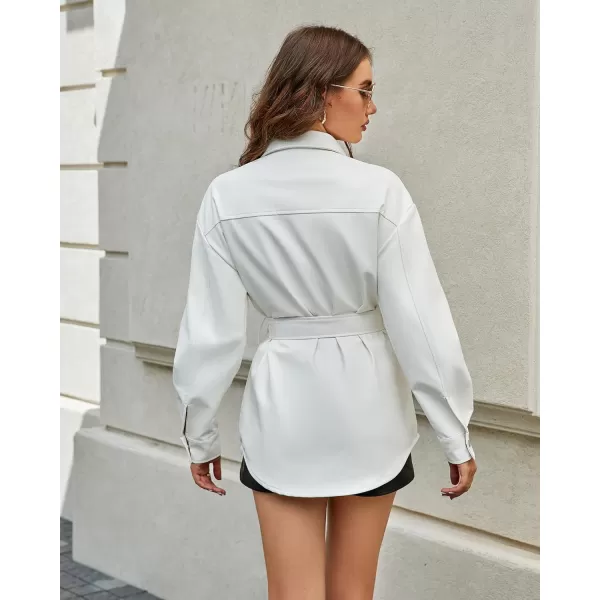 luvamia Faux Leather Jackets for Women Long Sleeve Oversized Shackets with Pocket Belted Pleather Jacket Moto Biker CoatOffwhite