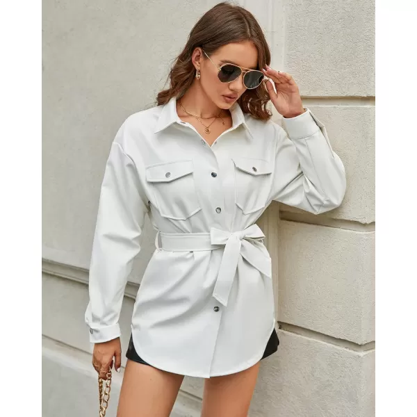 luvamia Faux Leather Jackets for Women Long Sleeve Oversized Shackets with Pocket Belted Pleather Jacket Moto Biker CoatOffwhite